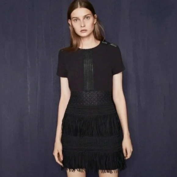 Maje Reia Embroidered Tassel Fringe Dress Dark Navy size 3 (large) - Picture 1 of 11